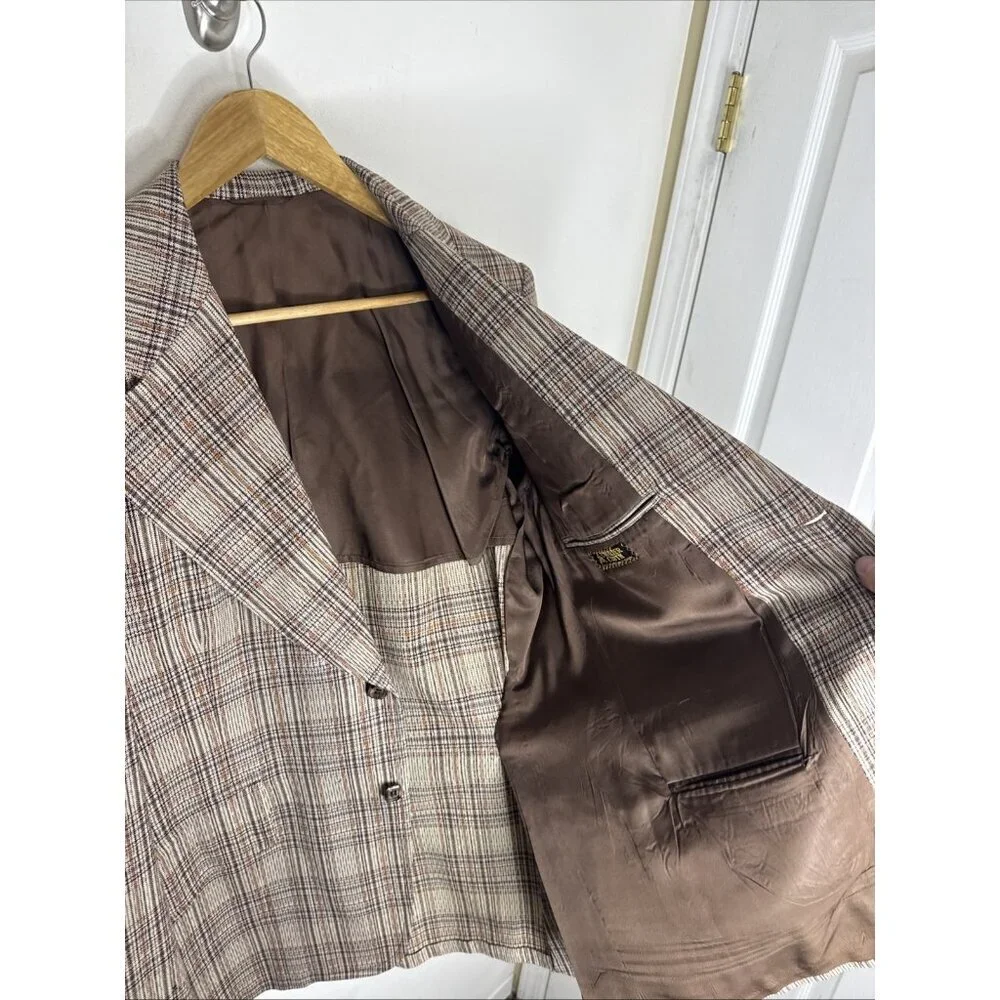Vintage 70s Men’s Plaid Blazer Brown Orange Check‎ Sport Coat Size 40 WKRP Style